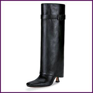 Knee High Boots Square Toe Kitten Heel Vegan Leather Fold Over